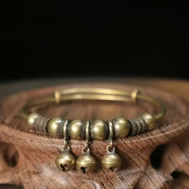Women's Retro Geometric Adjustable Antique Bronze Beaded Detail Bangle with Luminescent Bell Accents - Fashionable Bangles, Daily Wear Jewelry, Female Friendship Gift, Dimensions Included, Sohochic