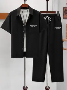 Men's Black Brooklyn Letter Print 2-Piece Loungewear Set Homewear - Short Sleeve Button-Down Shirt & Drawstring Waist Pants, Soft Breathable Fabric, Relaxed Fit for At-Home Lounging, Lazy Weekends & Casual Evenings