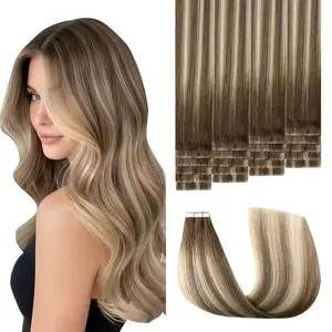 Sweetmet Invisible Tape in Hair Extensions Real Human Hair 3rd-Generation #3/8/22 Walnut Brown to Ash Brown and Golden Blonde 20pcs Injected Hand-Tied Tape ins Extensions