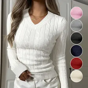 Women's Casual Thin And Soft V Neck Long Sleeve Slim Fit Fitted Cropped Cable Knit Sweater Basic Pullover Top Womenswear Knitwear