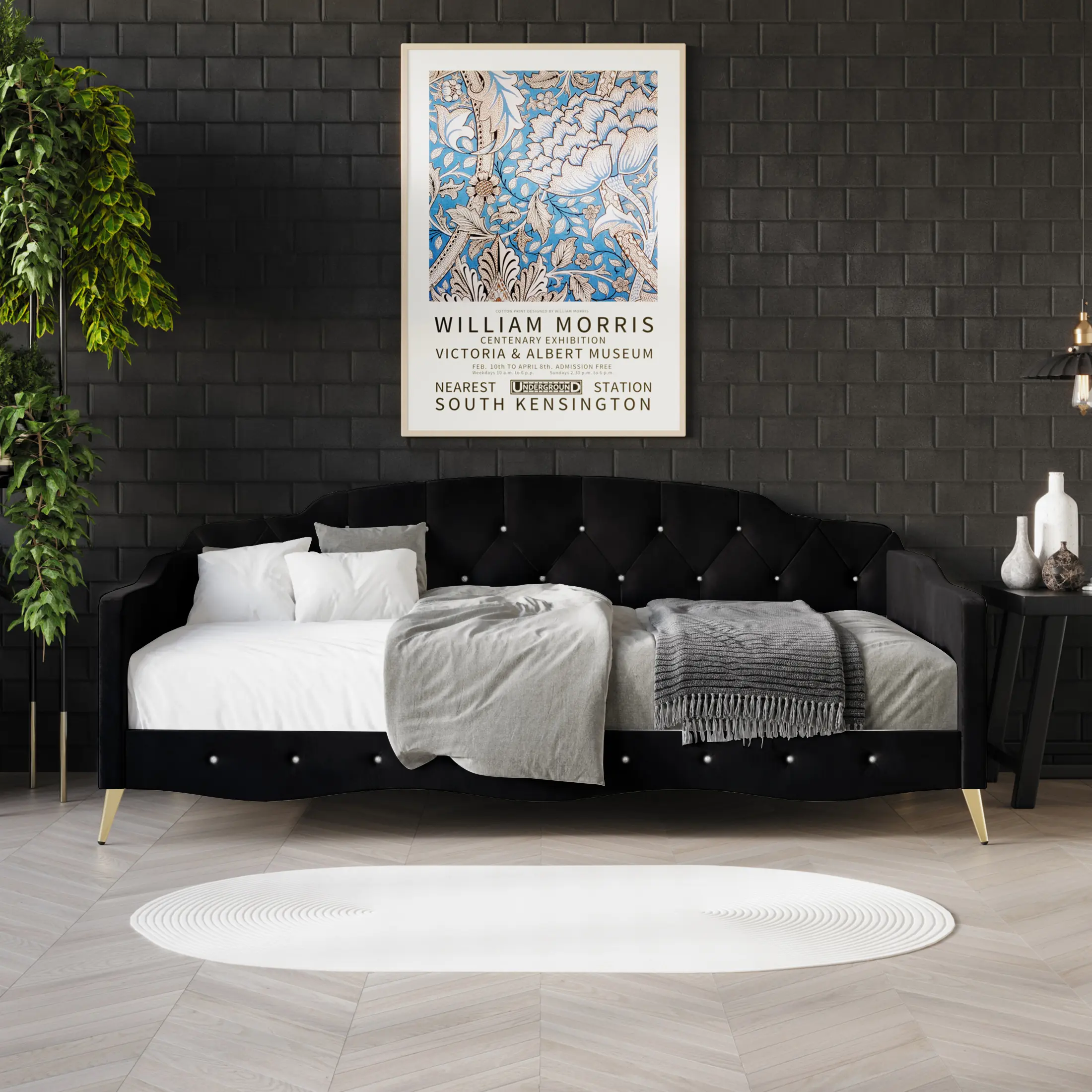 Seria Velvet Upholstered Daybed – Crystal Tufted Design with Gold Legs, Slatted Support, Glamorous Comfort