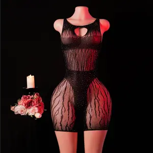 Elegant Women's Mesh Rhinestone Bodystocking Bodysuit Romper Lingerie with Sparkling Rhinestones and Unique Design for Everyday Wear or Special Events
