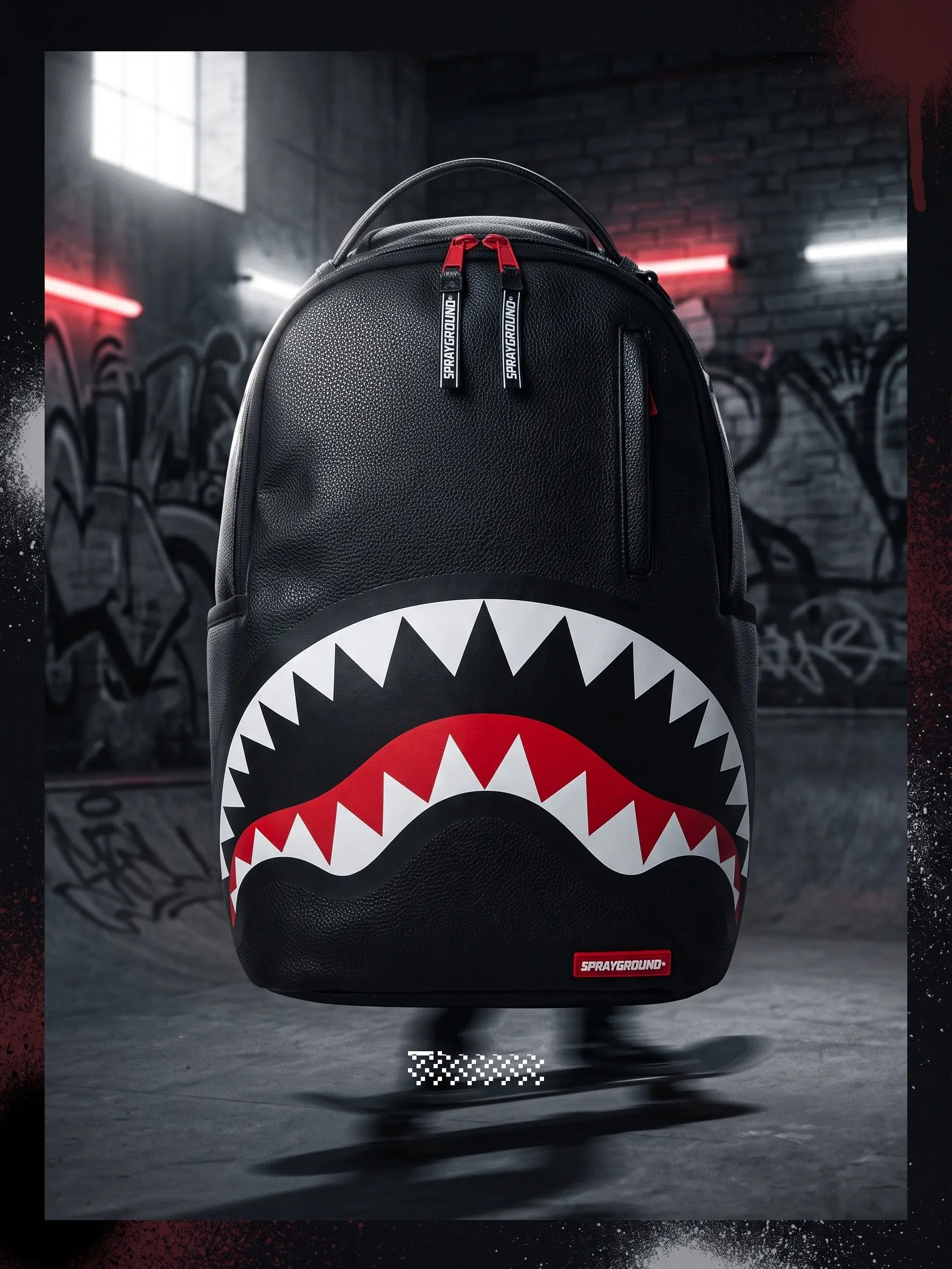 SG Classic Black Pebbled PU Shark-Mouth Gym Backpack, Iconic Red-White Shark Teeth Print, Streetwear Hip-Hop Urban Style, Spacious Durable Daypack for Men