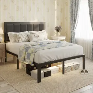 [Brandday][SummerVibes]DAYAGO Platform Bed Frame with Upholstered Headboard & Charging Station, LED Lights, Black Finish - No Box Spring Needed, Small Room Unique Home Furniture, Metal Slats for Stable, Indoor Furniture (Twin, Full, Queen Size)