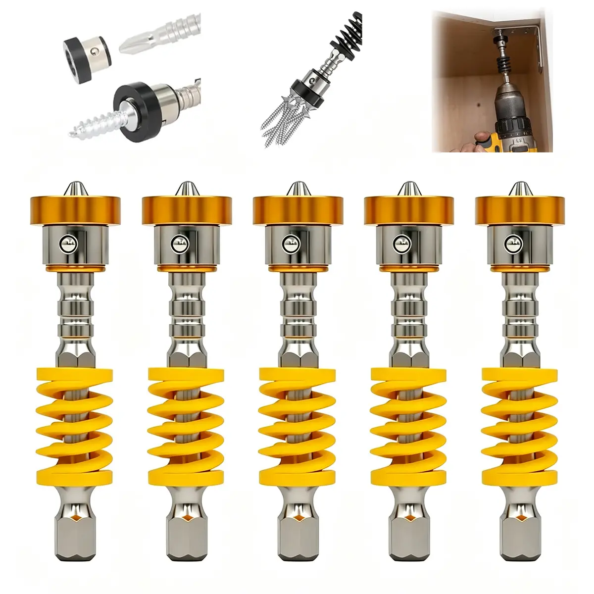 Magnetic Spring-Loaded Screwdriver Bit Set (3 or 5 Pieces) with Quick-Release Mechanism, Compatible with Electric Drills, Power Tool Accessory for Drywall