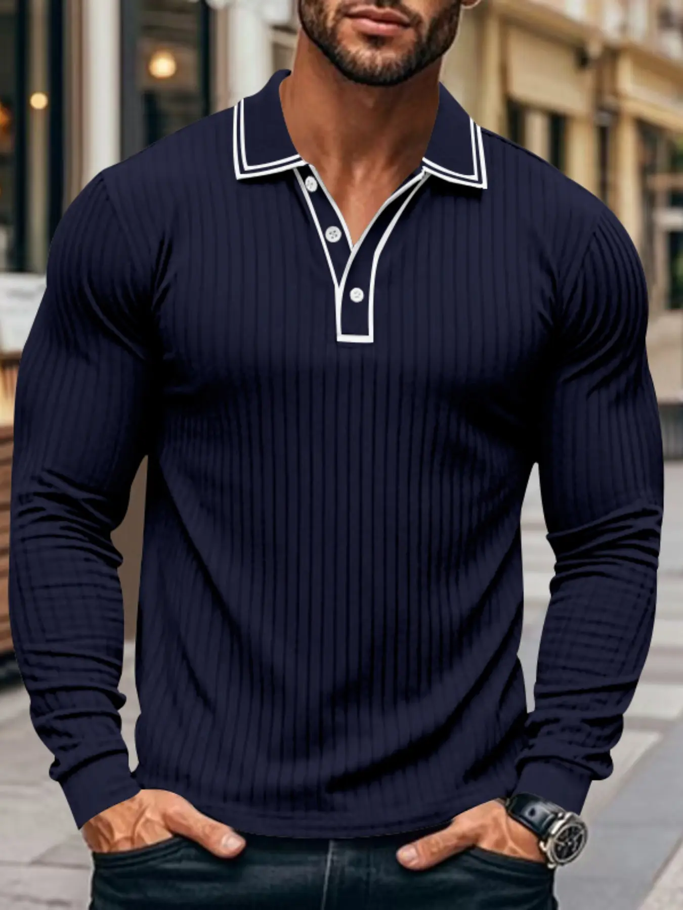Men's Long Sleeve Fitted Textured Golf Polo Shirt, Knitted Polo Shirt, Jacquard Fabric Collared Top, Business Casual Wear, Suitable for Daily & Formal Occasions, Outdoor Hiking