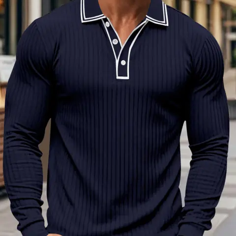 Men's Long Sleeve Fitted Textured Golf Polo Shirt, Jacquard Fabric Collared Top, Business Casual Wear, Suitable for Daily & Formal Occasions, Outdoor Hiking, Textured Polo Shirts