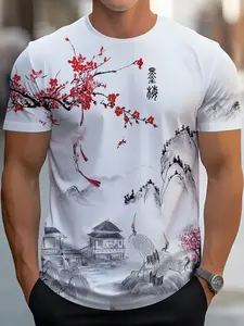 Chinese Style Plum Blossom Pattern Print Crew Neck Short Sleeve T-shirt For Men, Casual Summer Tropical T-Shirt For Daily Wear And Vacation Resorts