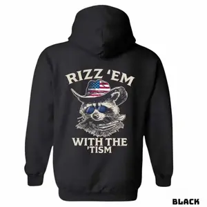 Rizz 'Em With The 'Tism Graphic Hoodie Sweatshirt T-shirt - Fun raccoon design with cowboy hat, perfect for outdoor parties, casual events, comfort and style