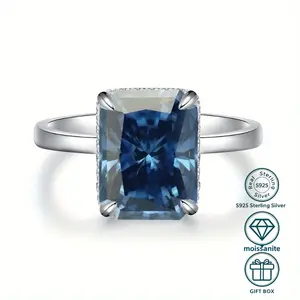 A ring with GRA certified lab-grown moissanite, D color, VS-VVS clarity, S925 silver, 4 carats, 8*10 royal blue moissanite wedding ring, easy-to-match classic European and American style ladies' holiday jewelry gift