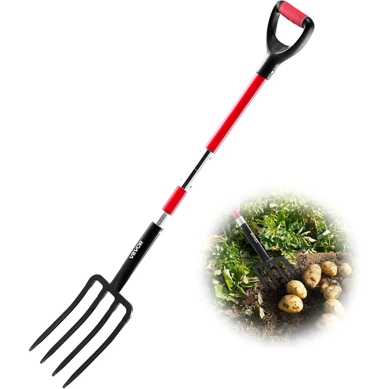Fork, 4-Tine Pitchfork with Fiberglass Handle, 45 in Digging Fork with Y Grip, Forged Spading Fork for Hay Composting Transplanting Aeration