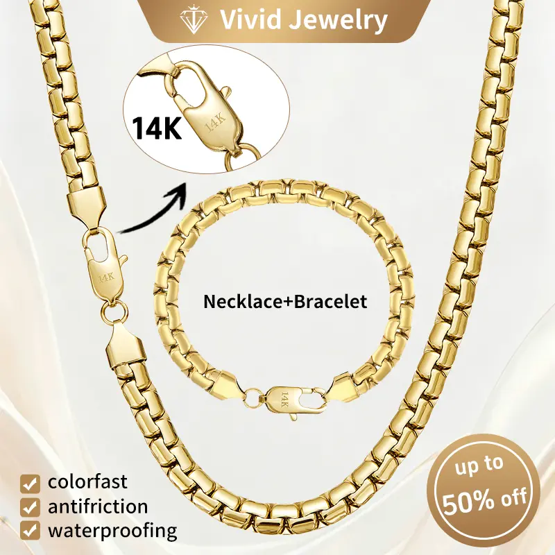 14K Gold-Plated Cuban Link Chain Necklace & Bracelet Set Vintage Feel Stainless Steel Anti-Rust Technology Jewelry christmas Gift for Women Men 18/20/24 inches