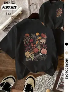 【Plus Size】 Floral Print Round Neck Tee, Fashion Casual Crew Neck Short Sleeve Fitted T-Shirt for Daily Outdoor Wear, Women Plus Clothing for Summer