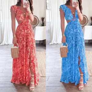 European and American women's clothing 2025 cross-border printing deep V sexy waist-revealing long pleated European and American dress