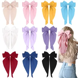 10 PCS Large Hair Ribbon Barrettes with Long Tails for Women & Girls,Vintage French Hair Accessories - Bow Clips in 10 Colors (Set A)
