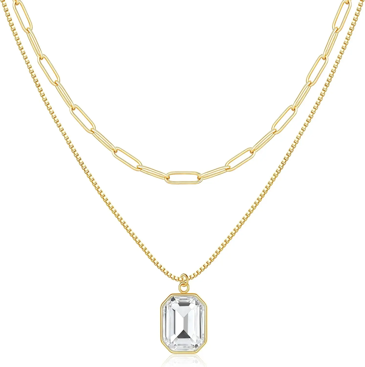 Birthstone Necklace for Women Girl - 14K Gold Plated Dainty Layered Gold Necklace with 12 Month Rectangle Birthstone Pendant Paperclip Box Chain Necklace Birthday Gifts for Women Girls Jewelry