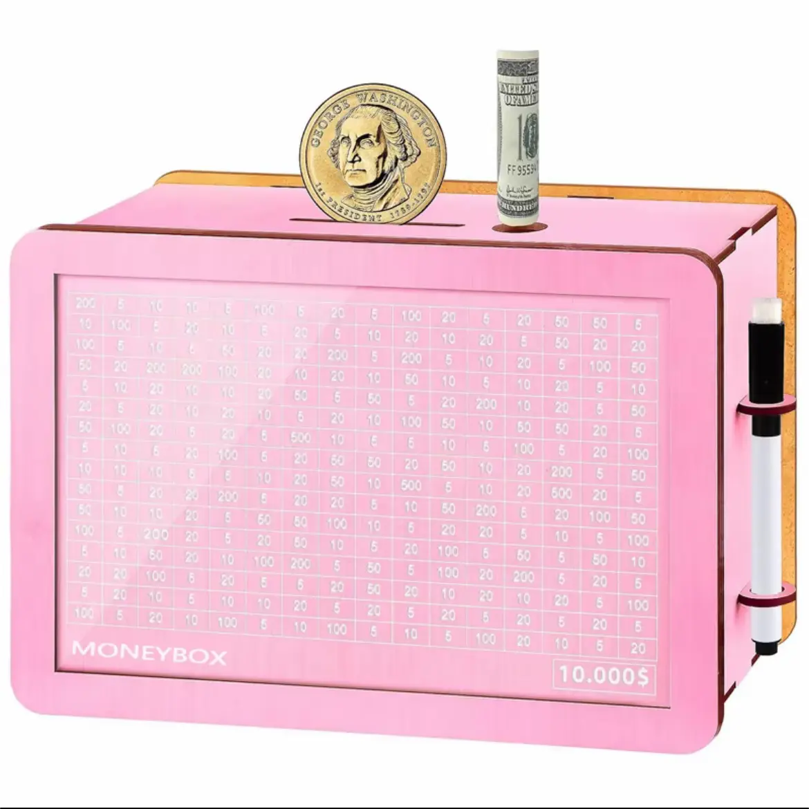 10000 Larger Size Savings Challenge Box for Adults Kids - Cash Vault Wooden Money Savings Box - Money Bank - Pink Wooden Cash Coin Piggy Bank with Counter and Dry Erase Pen,Coin Bank Toys Gift for 3-12 Year Old Boys & Girls