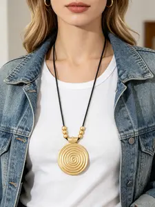 1pc Boho Matte Gold Color Necklace for Women,Large Spiral Vortex Symbol Round Pendant Necklaces,Adjustable Vintage Beads Long Sweater Chain,Fashion Tribal Style 35 Inch Wax Rope Necklace Jewelry,Chunky Statement Gift for Women
