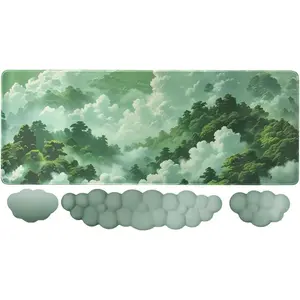 Gaming Desk Mat with Keyboard Wrist Rest Set, 4 in 1 Large  Pad & Cloud Keyboard Wrist Rest&  Wrist Rest&Coaster, Comfort and Support for Typing and Gaming(Green