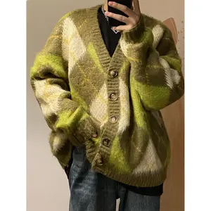 Autumn Winter Pineapple Green Diamond Plaid Knitted Cardigan Sweater Men Loose Korean Version Japanese Retro Lazy Style Trend