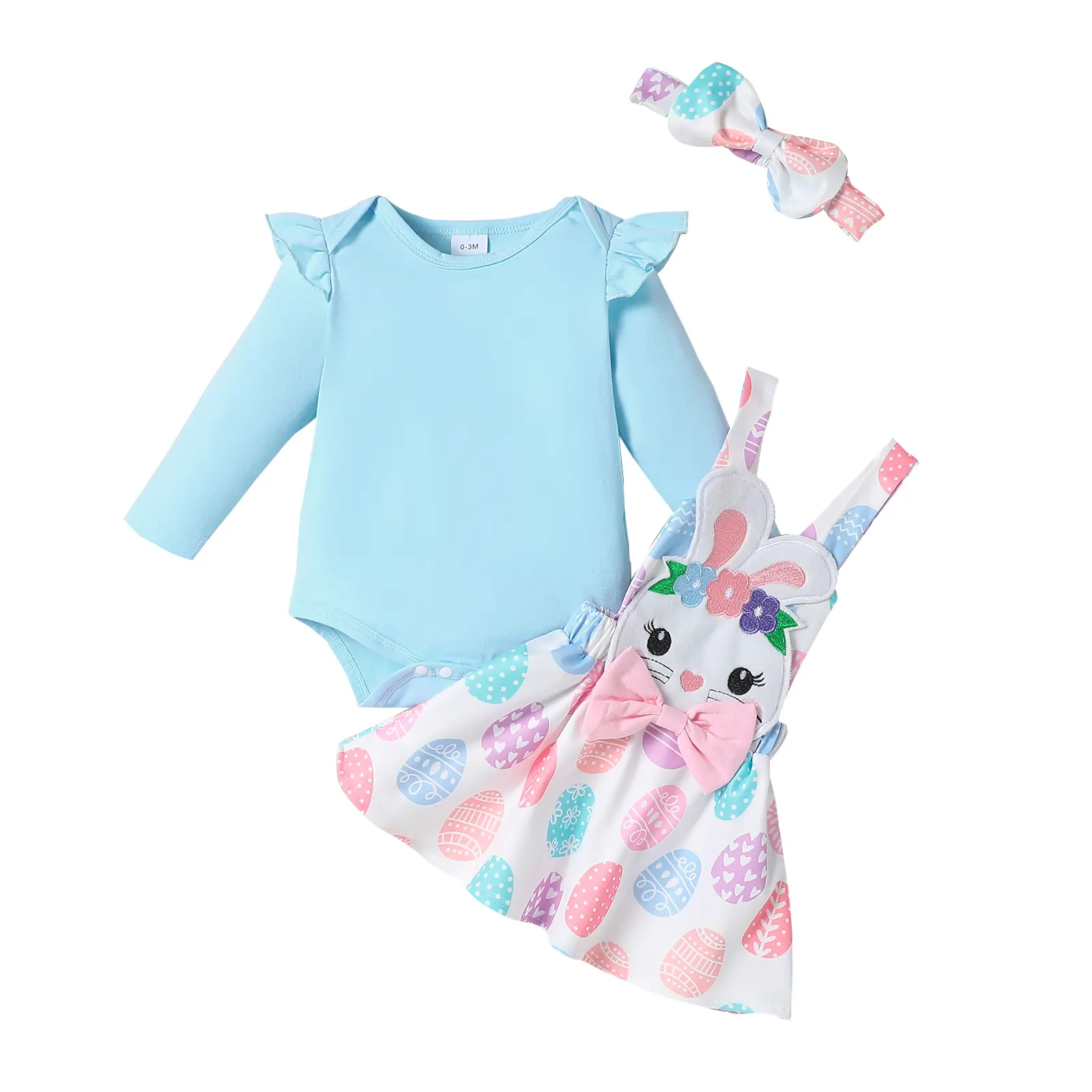 Baby Girls Blue Romper Skirt & Headband Set Easter Rabbit Pattern Newborn Outfit for 0-18 Months Spring Clothes