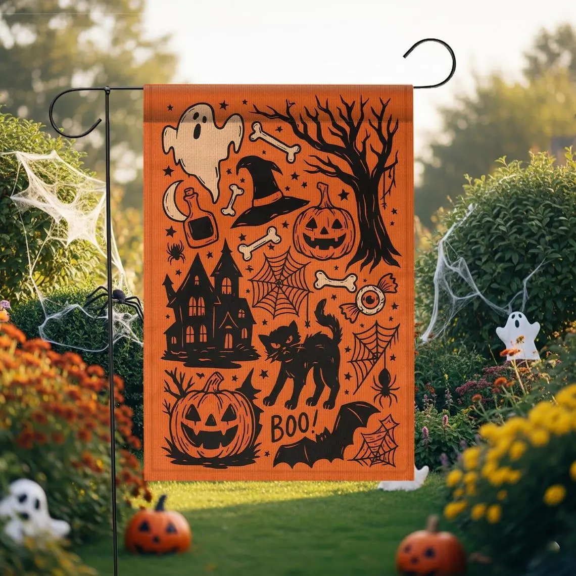 Spooky Halloween Garden Flag, Orange Black Cat Witch Decor, Pumpkin BOO Lawn Flag, Vintage Outdoor Banner