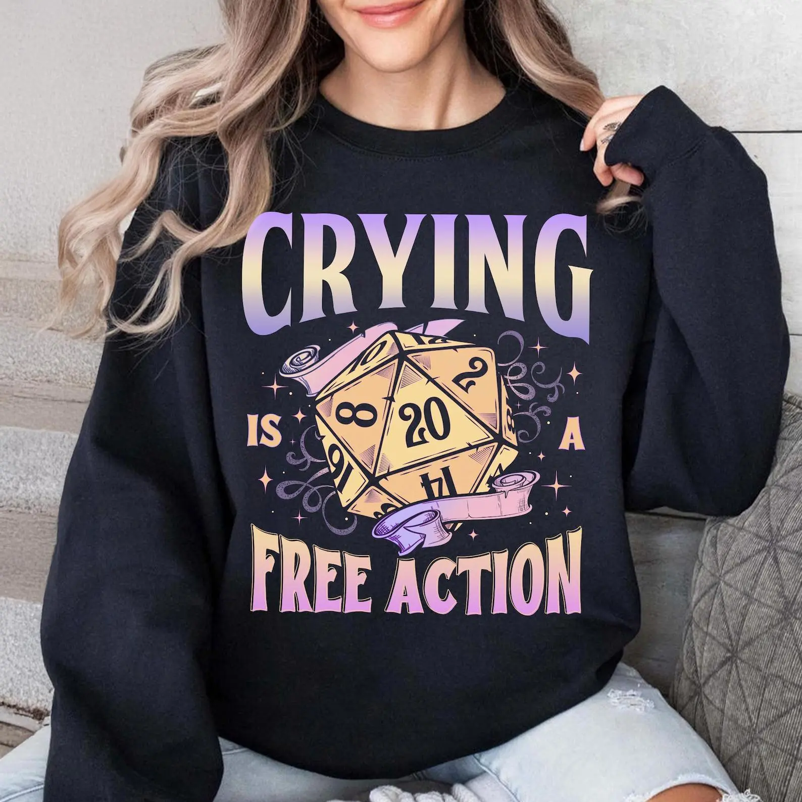 Crying Is A Free Action Dice Sweatshirt, DnD Tabletop Gaming Shirt, Funny DND Shirts, RPG Lover Gift, Gaming Shirt, Funny Dnd Crewneck Sweatshirt