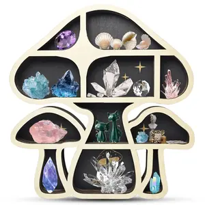Mushroom Floating Shelves, Crystal Display Shelf for Wall, Cute Mushroom Wall Decor Wooden Mushroom Gifts for Storage Organizer