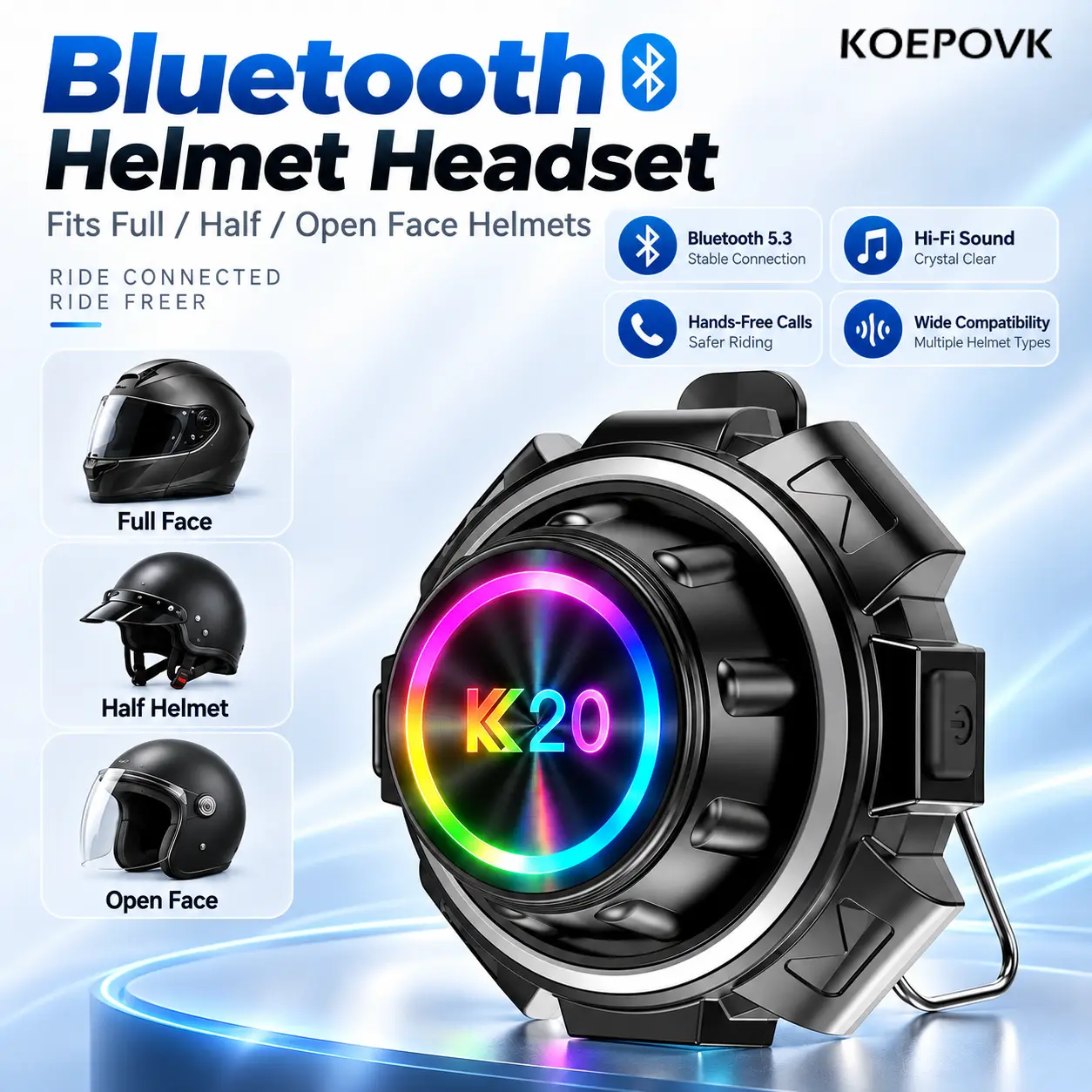 KOEPOVK Wireless BT Motorcycle Helmet Headset K20 - RGB Lights, IP65 Waterproof, Helmet Intercom, Voice Assistant, Hands-Free Calls, 400mAh Rechargeable Battery, All Weather for Full/Half Open Face Motorbikes