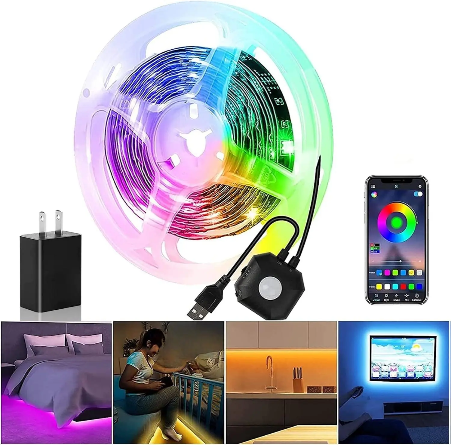 Motion Sensor Under Bed Lights,9.84FT App Control Dimmable Night Led Strip Lights,Motion Activated Stairs Light with USB 5V, Variety Color Dynamic Modes Music Sync for Cabinet Bedroom