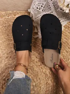 Women's Beige Hollow Buckle Decor Cork Footbed Mule Clogs, Vintage Casual-Chic Style, Comfortable Everyday Clogs  #VintageCasualShoes, #BuckleMuleClogs, #ComfortEverydayChicClogs