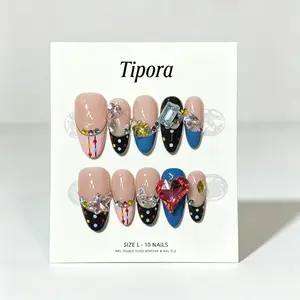 10-Piece Summer New Handmade Almond Nail Tips, Polka Dot French Rhinestone, Sweet Style Detachable Nails Set, Reusable