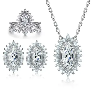 Inlaid with large gemstones, S925 silver earrings, sunflower necklace, crown ring, pure silver jewelry set, three-piece set with a high-end feel, suitable for holiday parties, birthday gifts, holiday presents