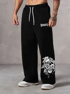 Men's Gothic Skull Snake Print Wide Leg Sweatpants, Dark Street Style, Loose Fit, Casual Graphic Trousers, All Seasons, Casual Streetwear Trousers