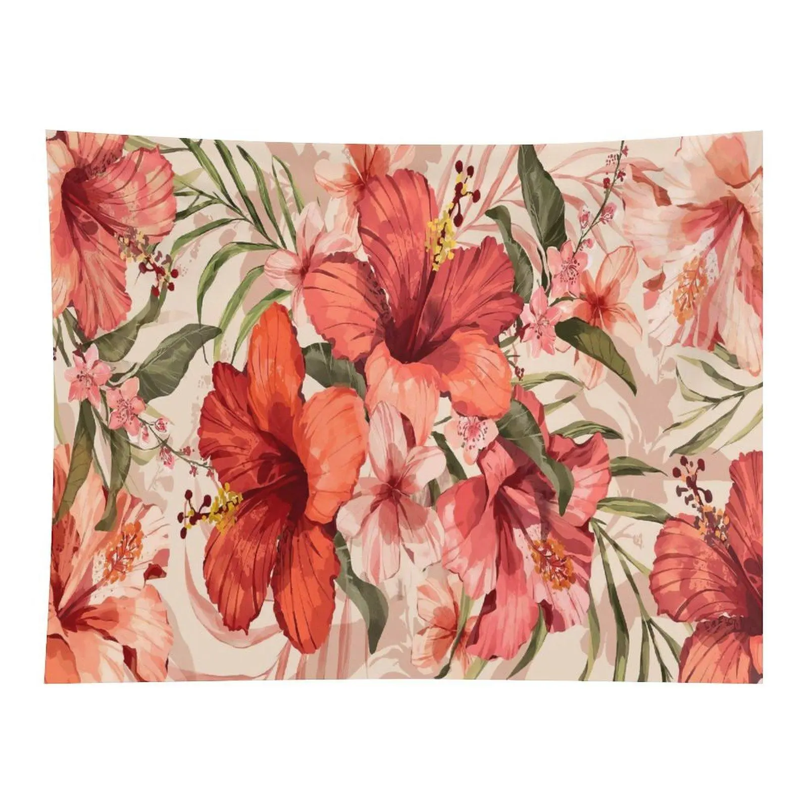 Soft Watercolor Red Pink Hibiscus Tropical Palm Leaf Light Cream Minimal Summer Floral Seamless Repeat Pattern Wall Tapestry