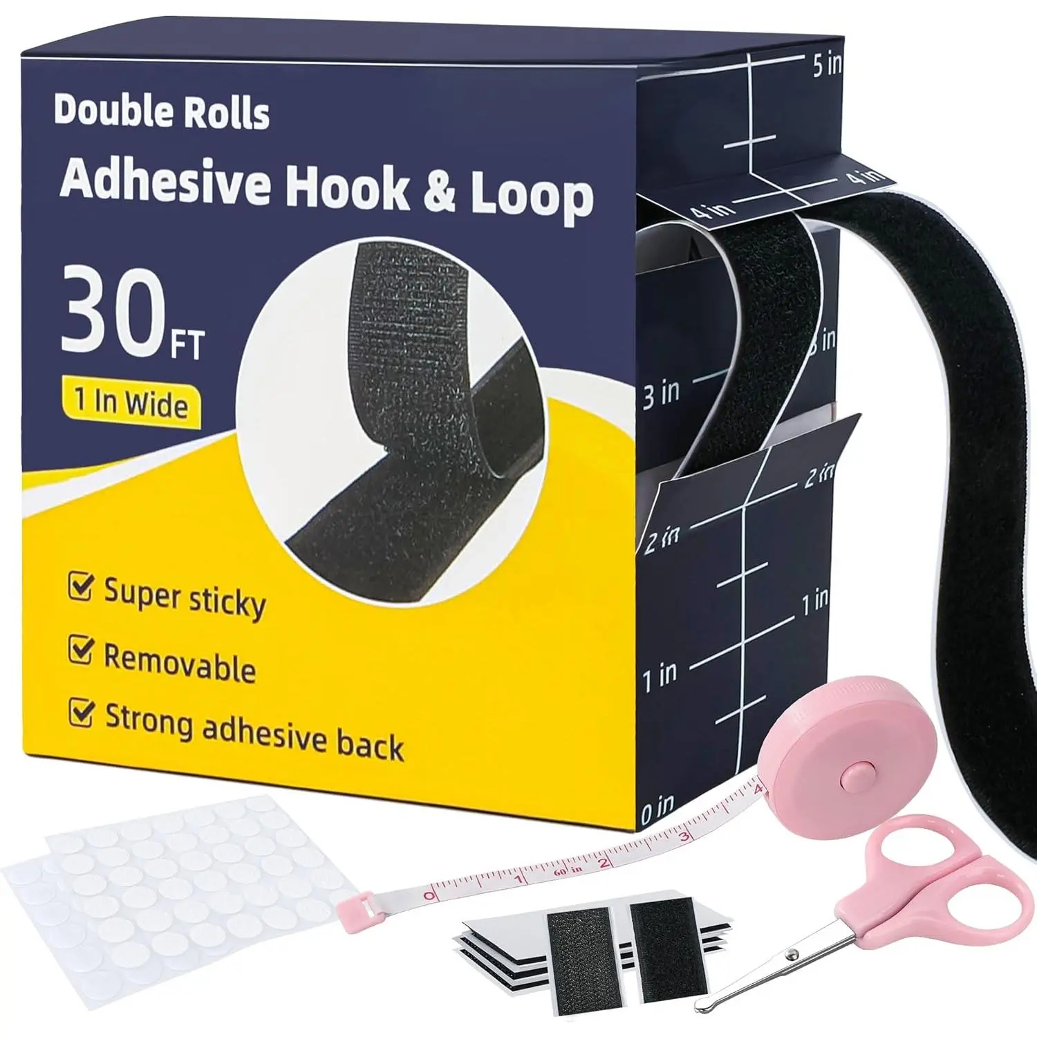 30Ft x 1 in Velcro Strips with Adhesive, Hook and Loop Strips with Adhesive, Double Rolls of Heavy Duty Interlocking Tape Fasteners Double-Sided Tape Strong Back Adhesive Mounting Tape (Black)