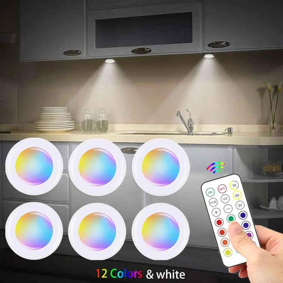 3/6 Cordless Round LED Spotlights Led Lighted with Remote Control (without AAA*3 Battery) Indoor Light are suitable for Decorative Lights, battery-powered night lights for hallway, bathroom, bedroom decoration
