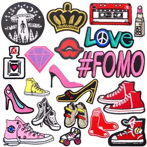 20pcs Colorful Embroidered Iron on Patches Women Themed Cosmetics Lipstick Sexy Mouth High Heel Shoe Sew on Applique Repair Patch for DIY Clothing Dress Backpacks Hats Decor