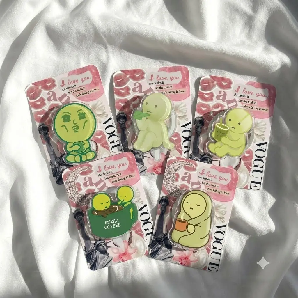 Kawaii Matcha Green Spirit Coffee Cup Phone Grip, Cute Minimalist Alien Acrylic Cell Phone Holder, Cozy Aesthetic Stand Accessory for Smart Phones