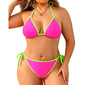 Tempt Me Women Plus Size Triangle Bikini Sets String Two Piece Halter Swimsuits with Tie Side Bottom