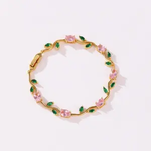 Tulip Pink Cubic Zirconia Wrist Chain with Vine Flowers, Sweet and Romantic Metal Bracelet For Women Jewelry Wedding Party Gift