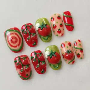 Handmade 3D Red Tomato Press On Nails, Tomato Slice Garden Food Nail Art