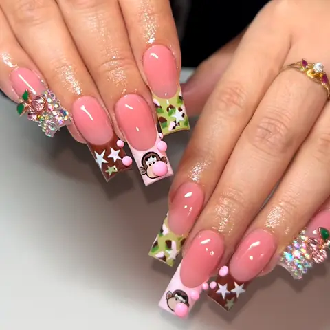24 pieces of press on nails, Decorative nails, square Glossy Fake Nails for summer dopamine pink bubble beads cartoon monkey DIY flash full diamond French false nails with jelly glue 1 file, Bling rhinestone decoration, Nail Art Design