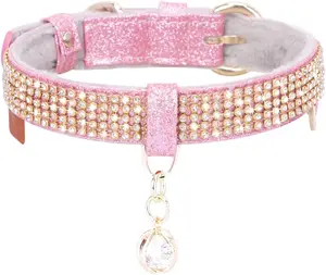 Petshome Cat Collar, Dog Collar, [Bling Rhinestones] Premium PU Leather with Pendant Adjustable Collars for Small to Medium Dog Medium Pink Guangzhou Shanglin Trading Co., Ltd