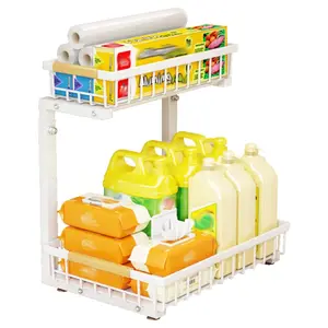 Maximize under-sink space  2-tier sliding carbon steel shelf Adjustable height 42-49 cm  Non-slip L-shaped basket  Kitchen and bathroom organization