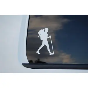 Hiking Girl Sticker Vinyl Decal Choose Color & Size Woman Hiker Camping Car Window Laptop (V530) (4" X 2.5", Teal)
