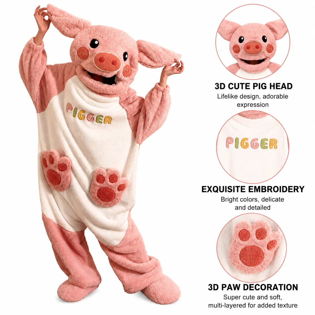 Pig Wearable Blanket Onesie Pajamas, Cute Pink Animal Plush Fleece Jumpsuit Sleepwear for Women, Soft Coral Fleece Hooded Blanket Romper, Cozy Warm Home Loungewear Outfit for Fall Winter