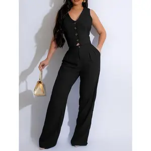 Women's Button Front V Neck Crop Tank Top & Plicated High Waist Pants Set, Asymmetrical Tie Back Sleeveless Top & Pocket Trousers, Casual Summer Outfits Clothes Set for Work Office Commute, Office Siren Outfits