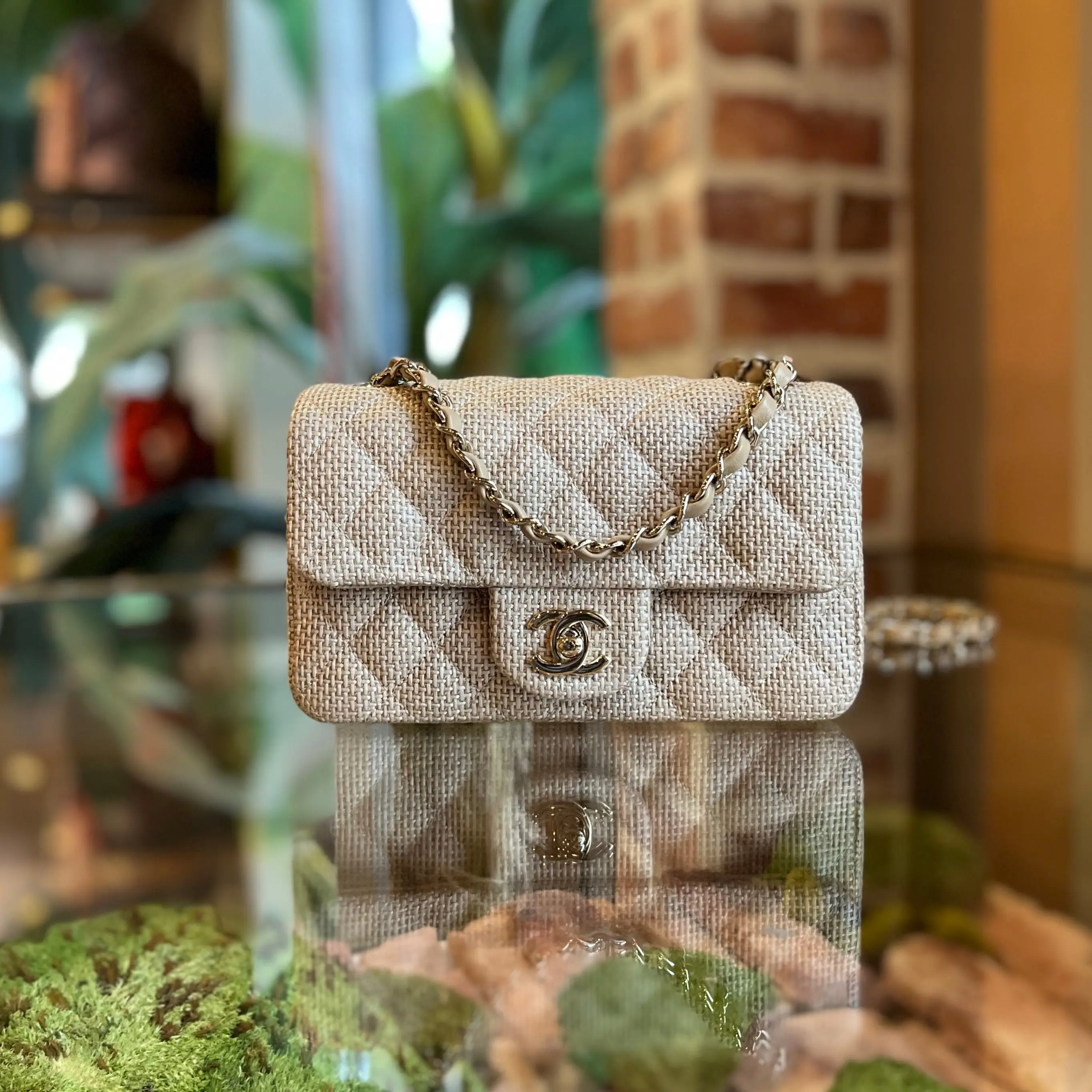 Pre-owned CHANEL Raffia Rectangle Flap Mini Dark Beige Shoulder Bag