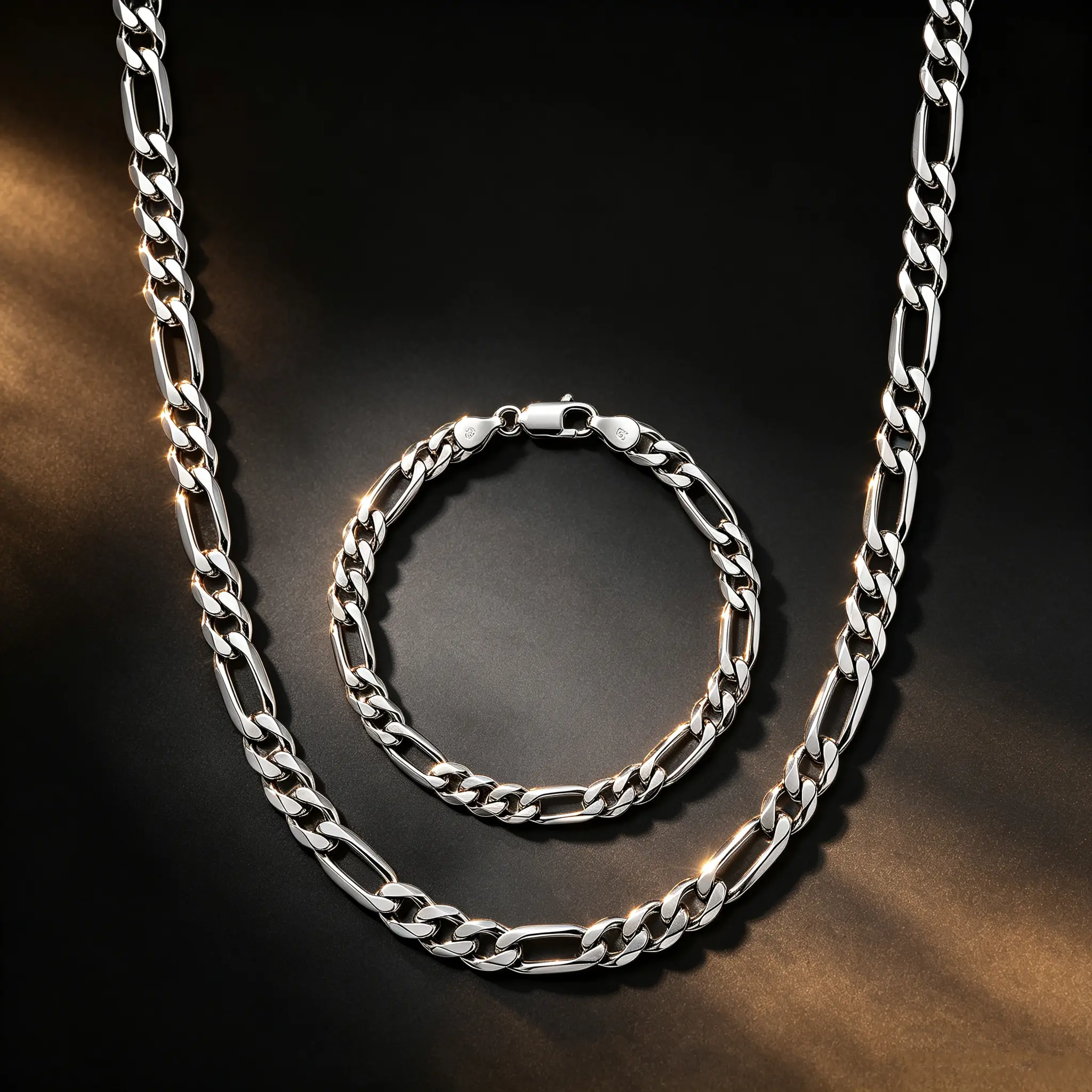 Men's Unisex Silver Chain Jewelry Sets - Classic Figaro Chain with Polished Finish, Matched Necklace & Bracelet Perfect Gift Set for Father’s Day, Birthday, Set Matched